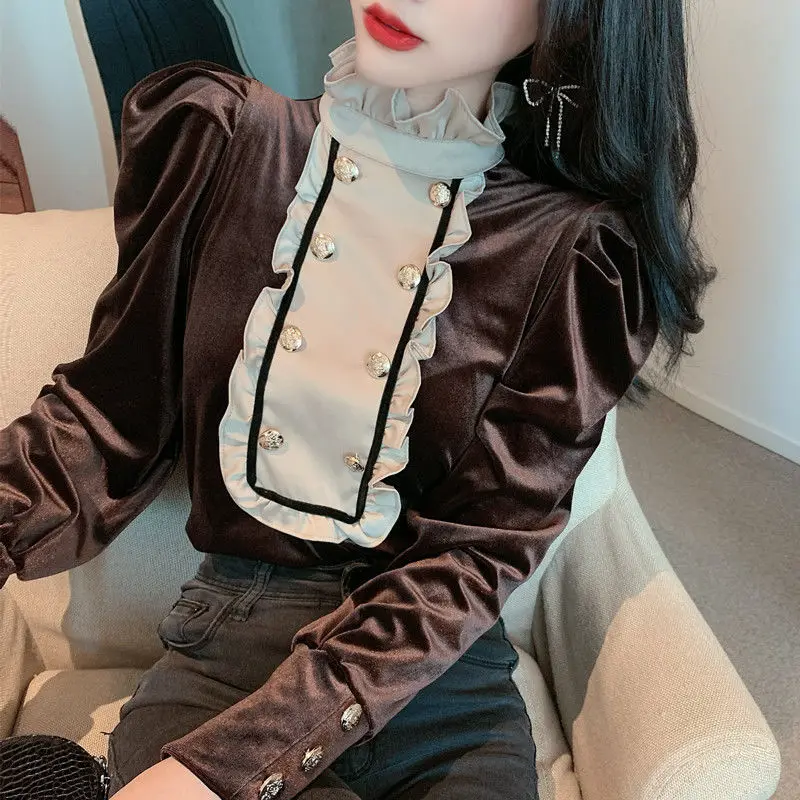

Blusas Mujer Fashion Temperament Autumn Palace Style Retro Hit Color Lace Fungus Velvet Shirts Women Stand Long Sleeve Top