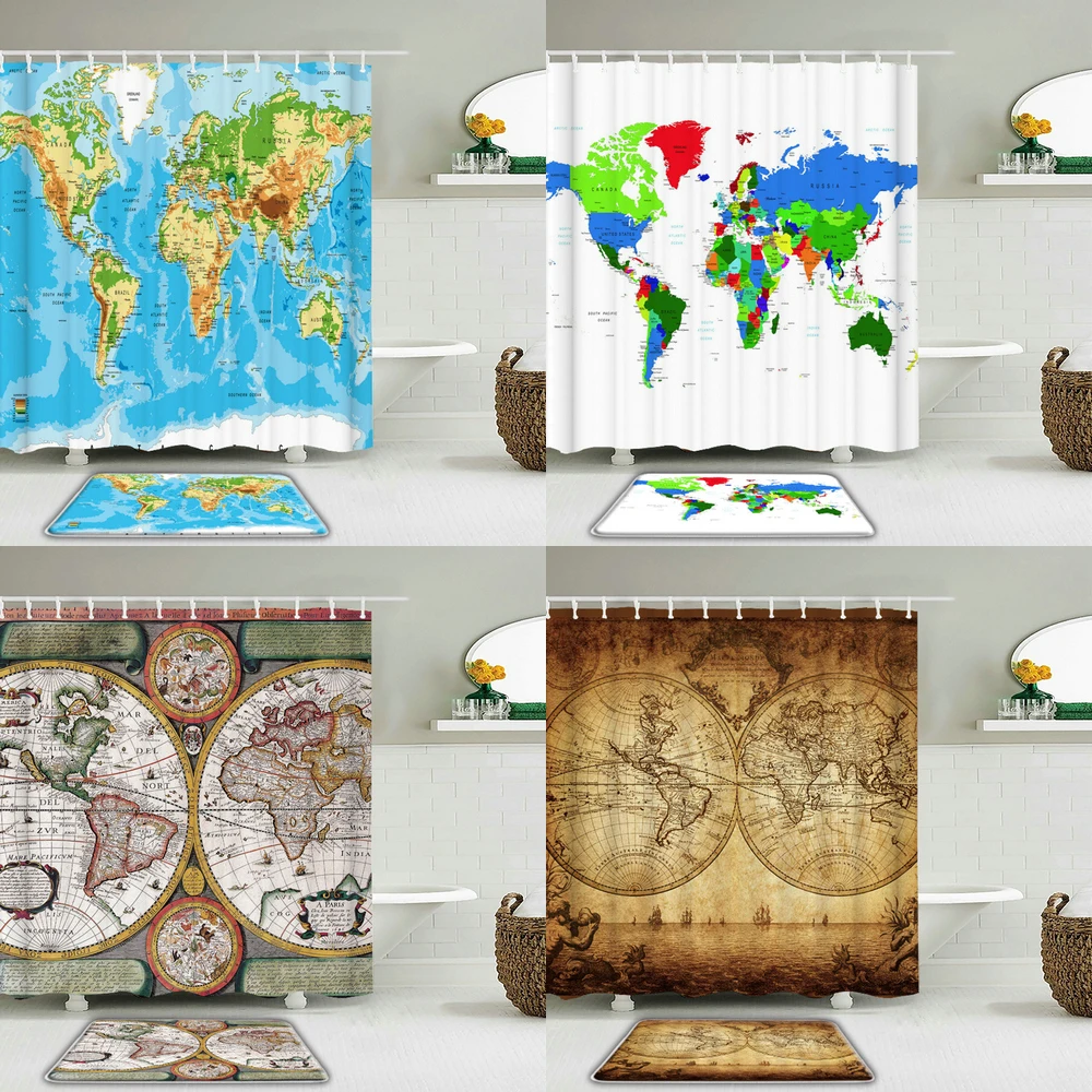 

3d Printing World Map Pattern Shower Curtain Set And Rug Bathroom Waterproof Fabric For Toilet Bath Non-slip Mat Home Decor