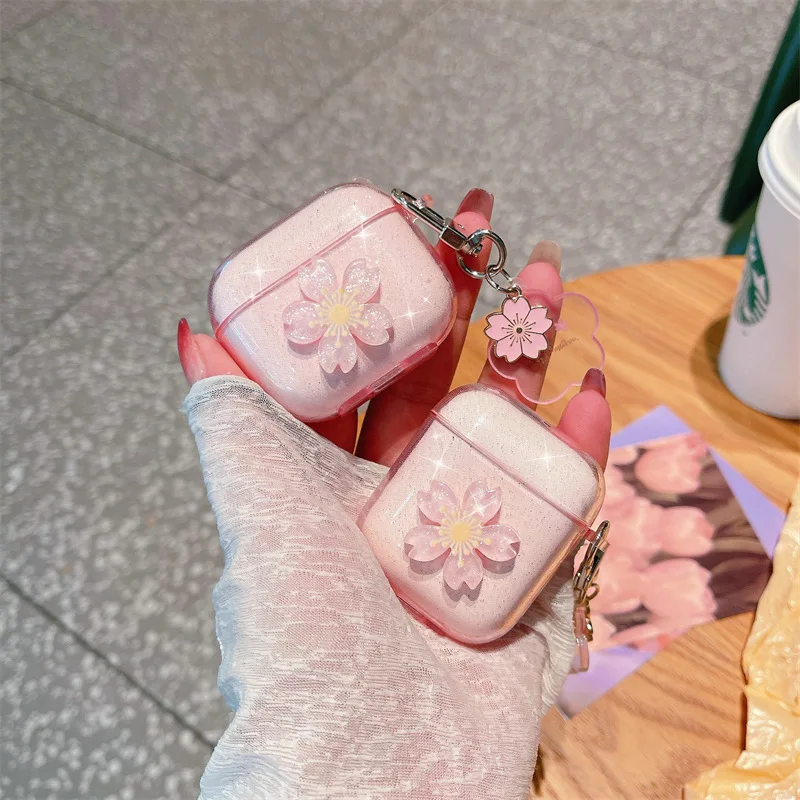For AirPods Case Glitter Cherry Blossom Flower Pink Girl Headphone Earphone Case For Apple Airpod 1 2 3 Pro Cases Cover Funda