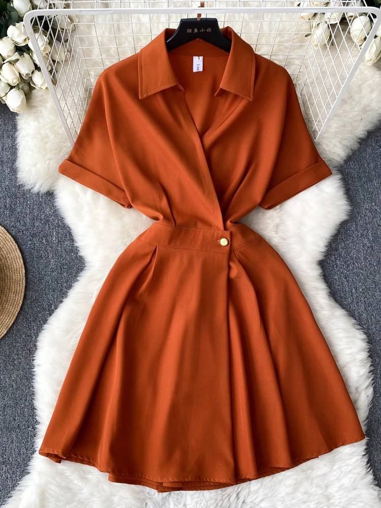 

Aibeautyer New Vintage Spring Summer Solid Slim Short Lady Dress A Line Turndown Collar Chiffon Pullover Mid-Calf Women Dresses