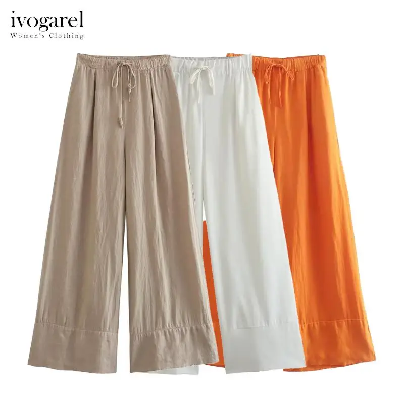 

Льняные женские брюки Ivogarel в стиле палаццо, женские широкие брюки с высокой талией и эластичным поясом, разноцветные и универсальные
