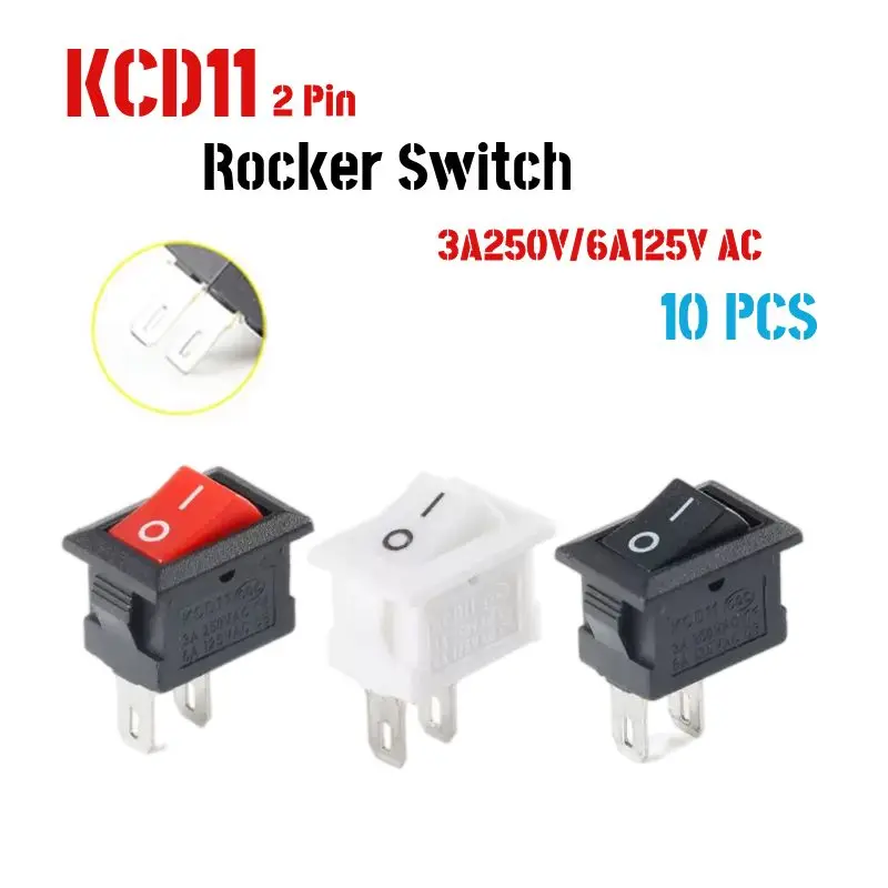 

10 Pcs/lot KCD11 2 Pin 10x15mm Mini Push Button Switch SPST 3A 250V AC Snap-in On/Off Boat Rocker Switch 1Black Red White
