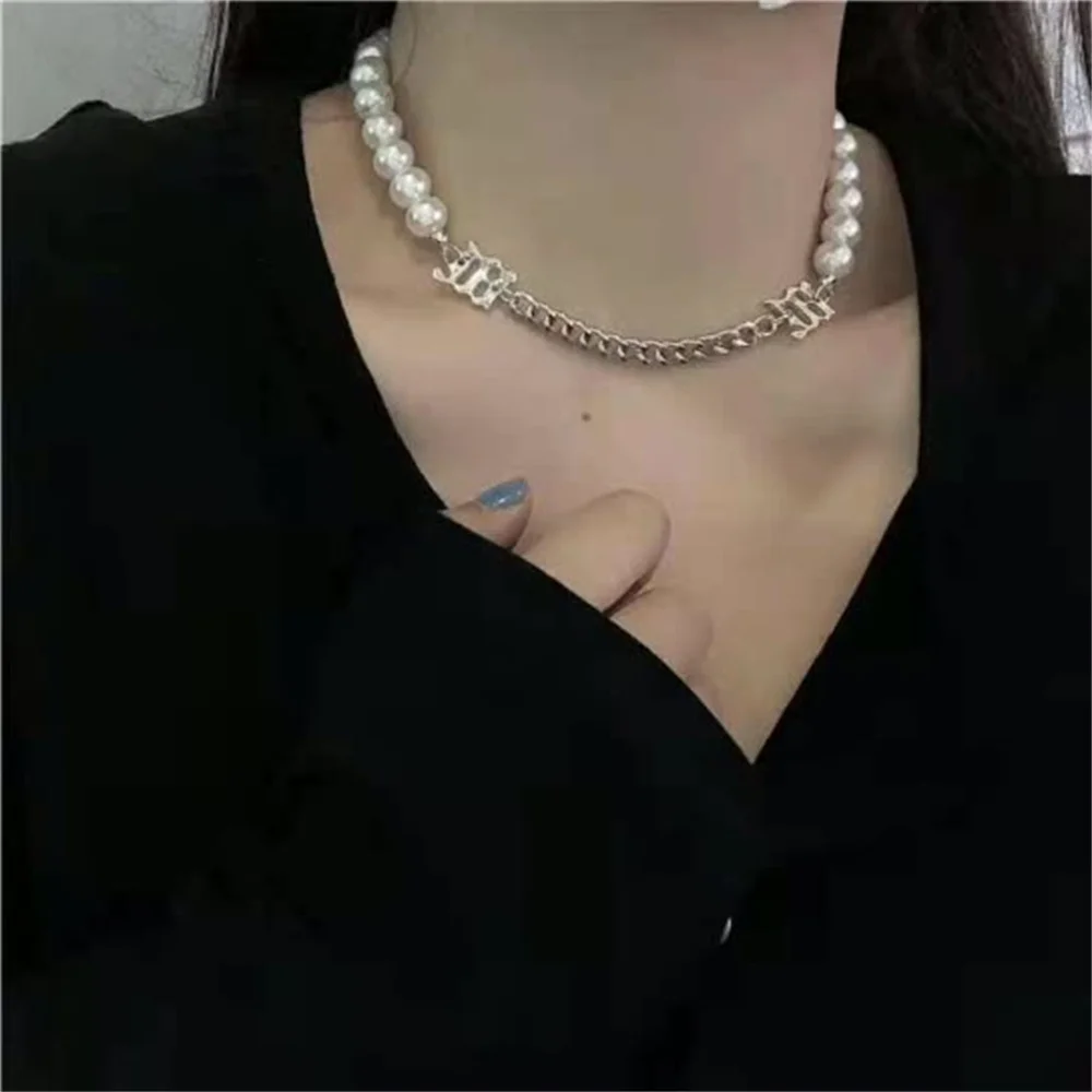 

Hip hop bungee necklace pearl stitching exaggeration 2022 new fashion clavicle chain men's and women's sweater chain