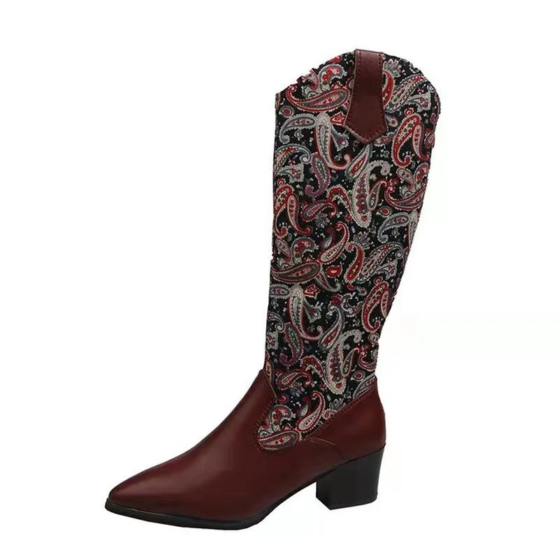 

Women's fashion boots knee-length high-quality designer women's shoes plus size embroidery pattern soft and comfortable