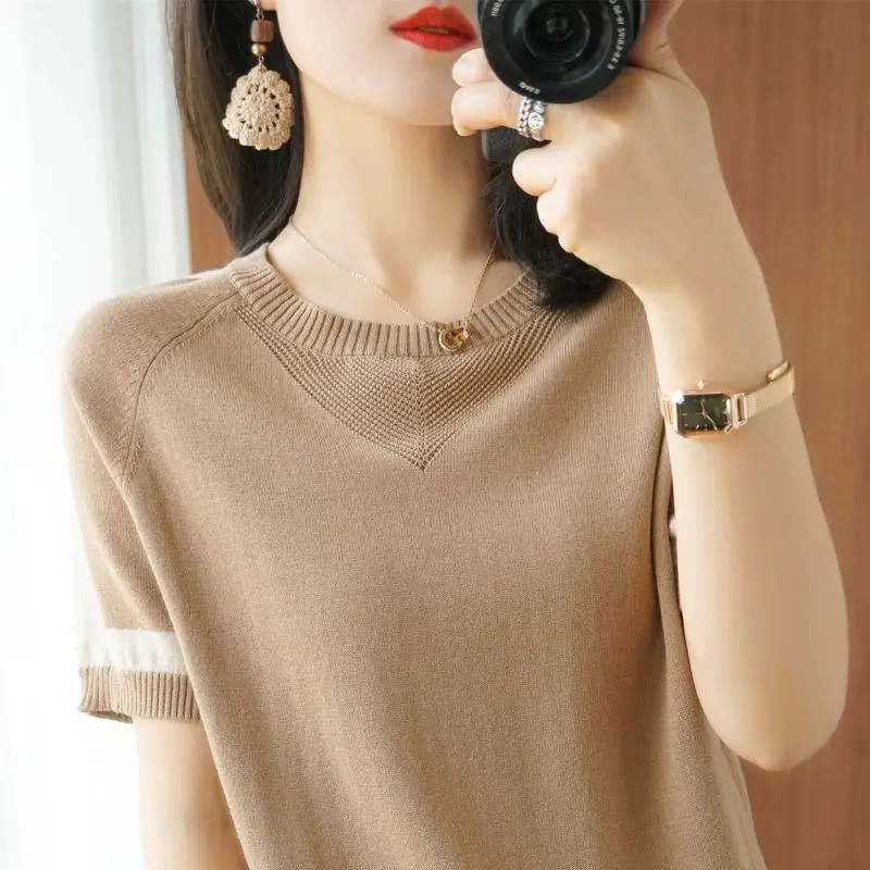 

Модная вязаная свободная футболка в полоску из вискозы, 11 цветов, винтажный женский Универсальный пуловер с коротким рукавом, Женский Топ б...