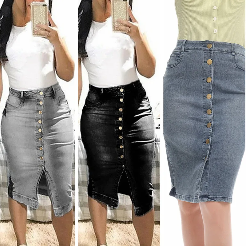 

High Waist Women Denim Skirts Buttons Jeans Skirts Short Pockets Street Style Midi Pencil Skirt Female Knee Length Bodycon Skirt