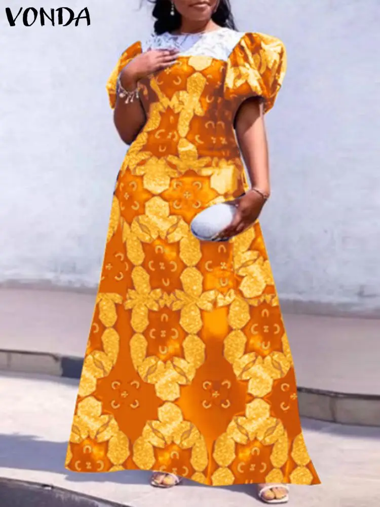 

VONDA 2023 Summer Women Bohemian Sundress Floral Printed Maxi Dress Lace Patchwork Casual Long Robe Short Sleeve Beach Vestidos