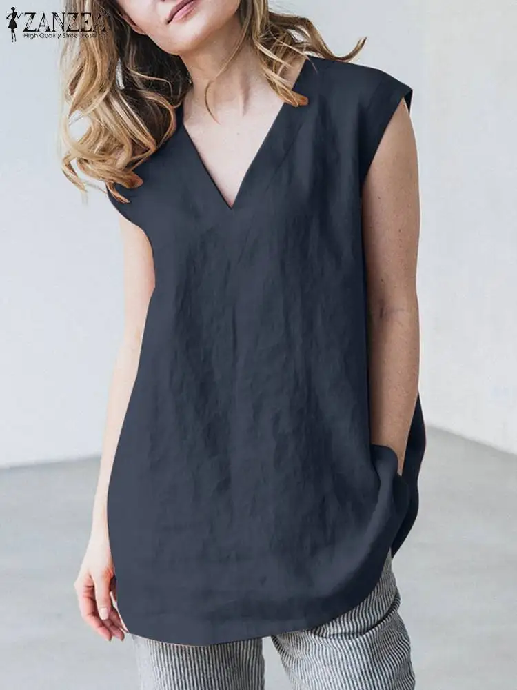 

ZANZEA Stylish Summer Tanks Tops Women V Neck Sleeveless Blouse Elegant Solid OL Shirt Female Casual Loose Blusas Party Chemise
