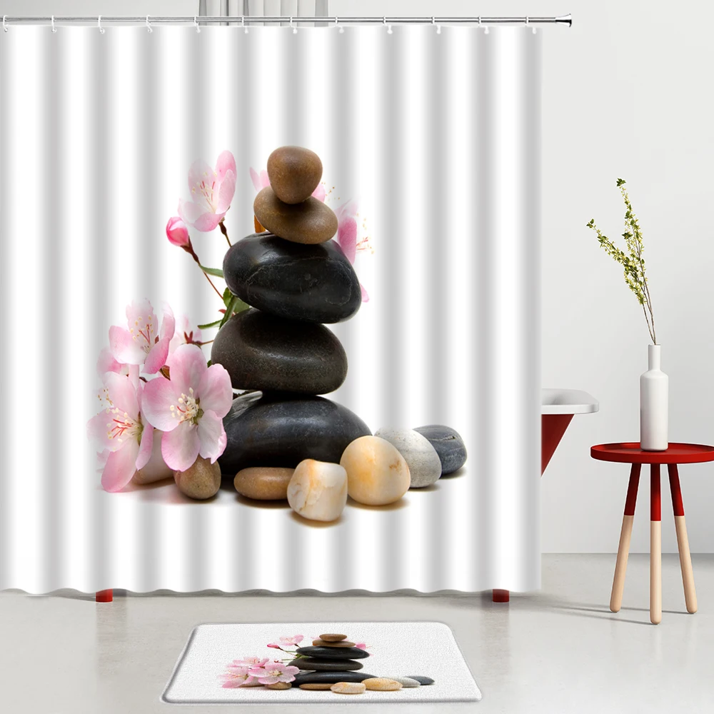

Занавеска для душа Zen Stone с розовыми цветами, декоративная занавеска из минималистской Ткани в стиле модерн для спа, нескользящий коврик для ...