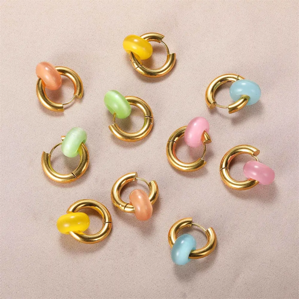 

GATTVICT Korean Cute Candy Color Natural Stone Hoop Earring For Women Girl Sweet Pink Cat Eye Hoop Earring Y2K Jewelry New In
