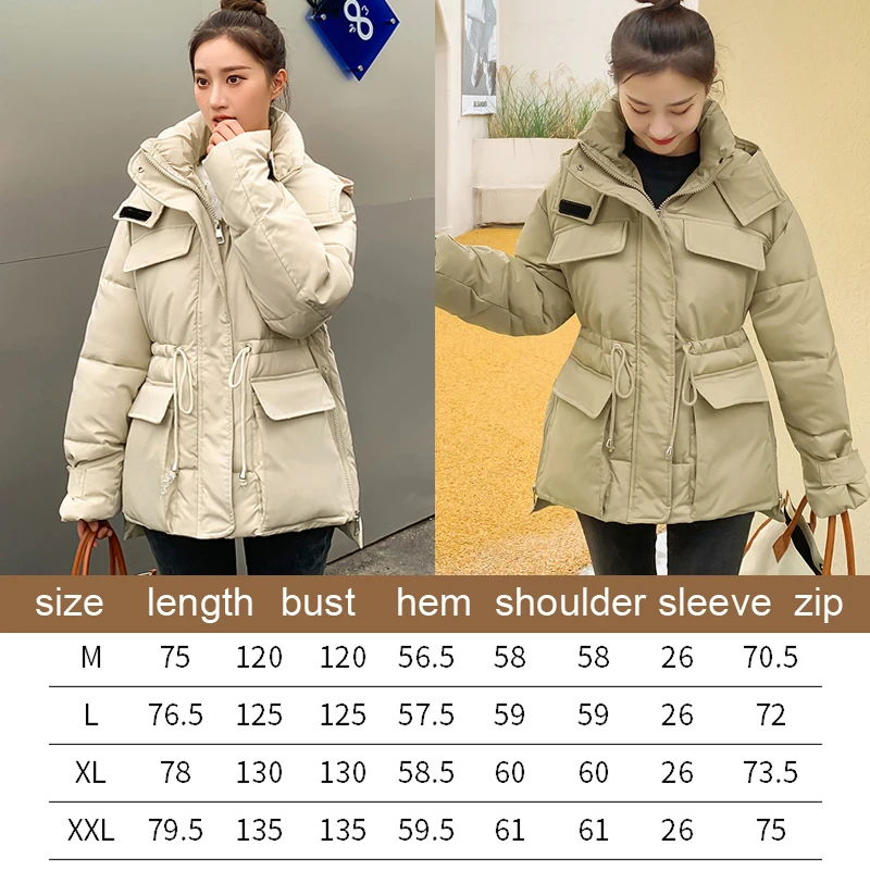 Thick Padded Jacket Bread Coat Warm Cotton Quilted Jacket Lady Short Korean Style Drawstring Loose with Hooded Parkas
