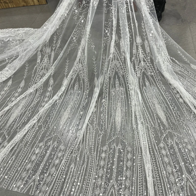 

European Style Embroidery Beaded Castle Luxury Lace Fabric for Wedding Dress Sewing Glittering Sequins Mesh Tulle Fabric By Yard