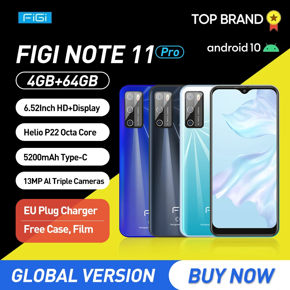 FIGI Note 11 Pro Android 11 Cellphones 4GB 64GB 6.52 Inch Mobile Phone MTK6762 Quad Core Smartphone 5200mAh 13MP Triple Cameras