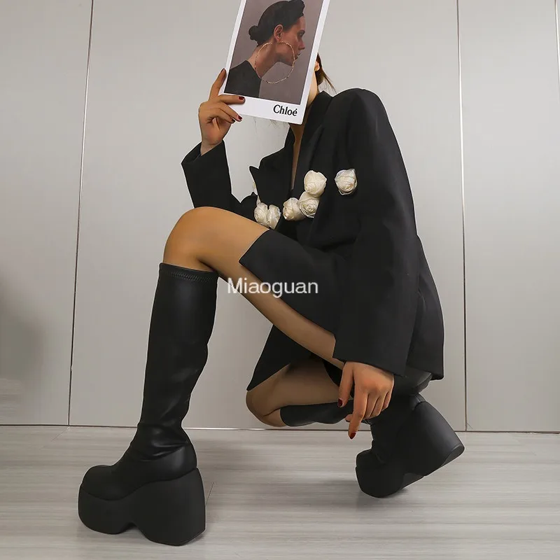 

Autumn Winter Fashion Thick Sole Wedges High Heel Short/Mid Boots Women Platform Pu Leather Sexy Black Round Head Elastic Boots