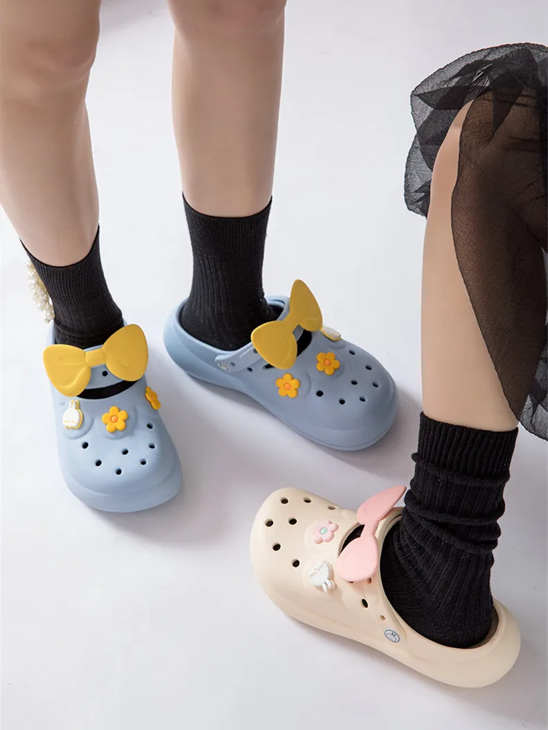 2023 New Garden Shoes Hole Slippers Women's Lovely Summer Thick Sole Anti Slip Bow Slippers Women's Summer Flips Flops