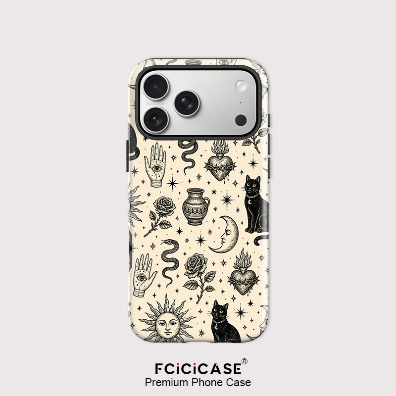 Фото Чехол Fcicicase для беспроводной зарядки iPhone 16 17 Air 15 Pro Max 14 Plus 13 12 11 с магнитной технологией MagSafe, черный, с дизайном кошки №1