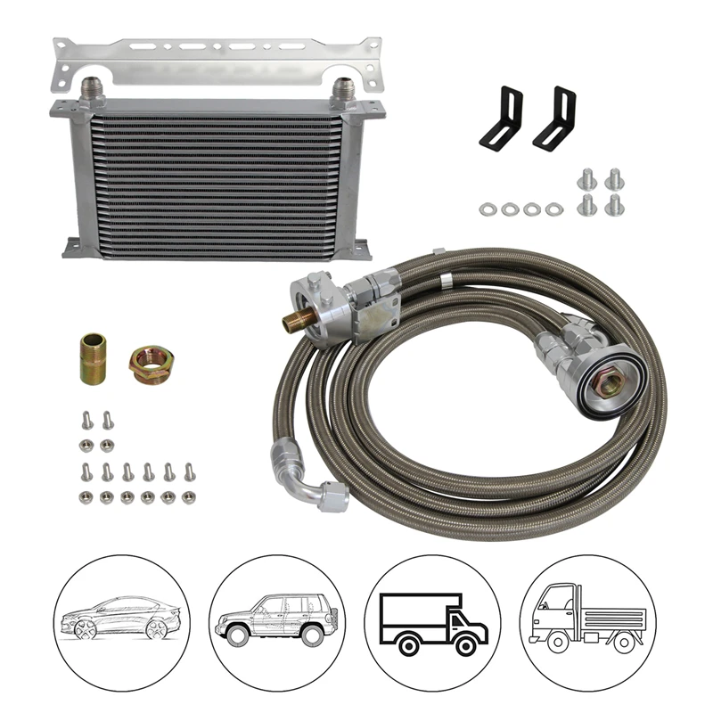 

22 Row AN10 Universal Engine Oil Cooler British Type + Filter Adapter Relocation Kit Black/Silver