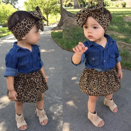 

Toddler Kid Baby Girl Xmas Long Sleeve Denim Shirt Leopard Skirt Outfit Clothes Set Sunsuit