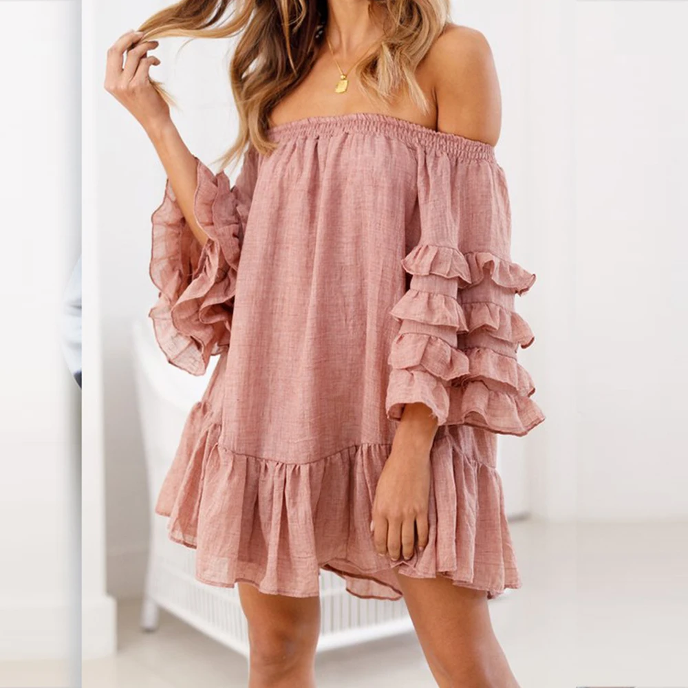 Long Sleeve Dresses Women 2023 Spring Ruffles Fashion Sexy Off Shoulder Beach Cover-Ups Vacation Solid Pink Female Short Dress