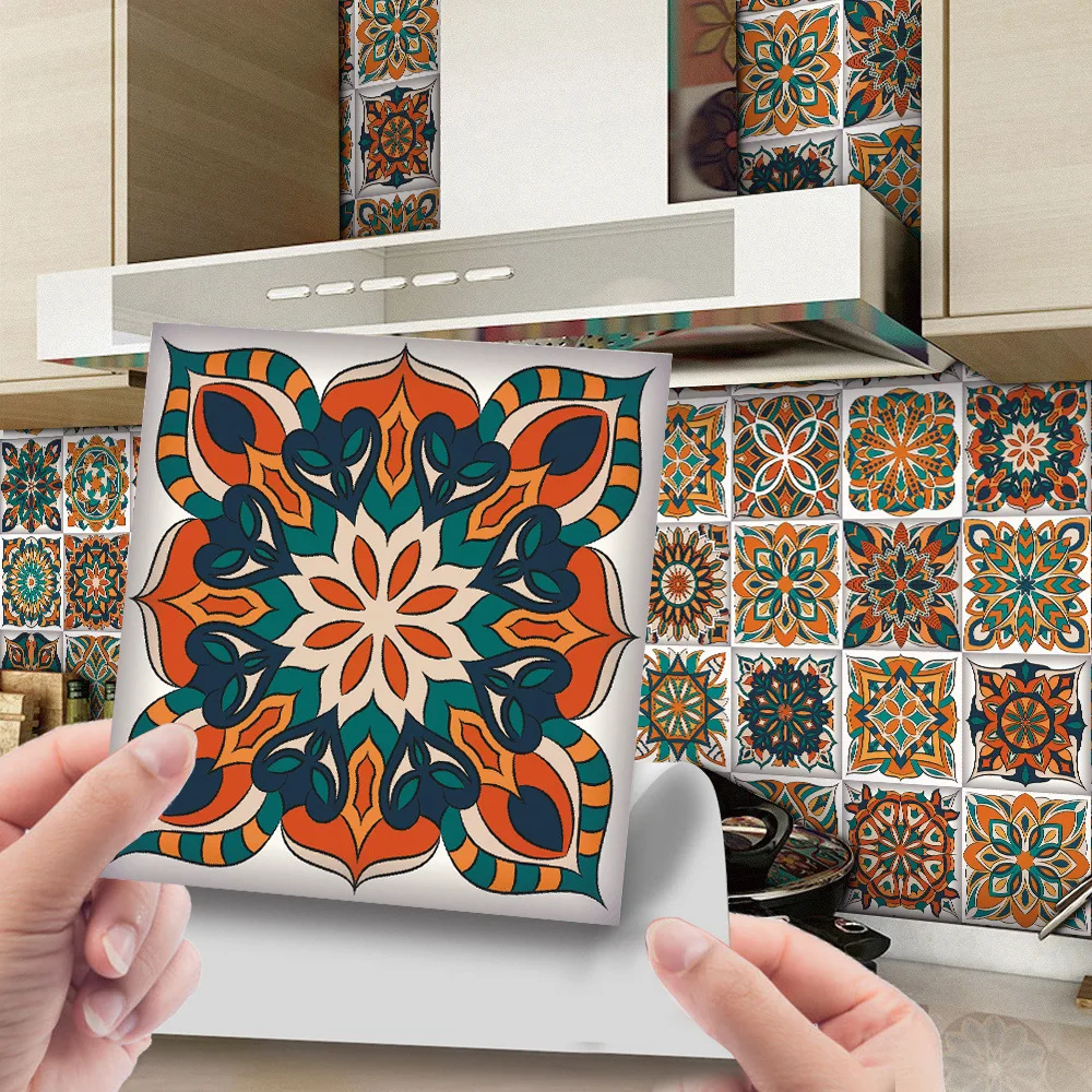 

24PCS Colorful Retr Wall Tile Sticker Removable Antique Self-Adhesive Wallpaper Kitchen Cabinet Backsplash Stove Film Room Decor