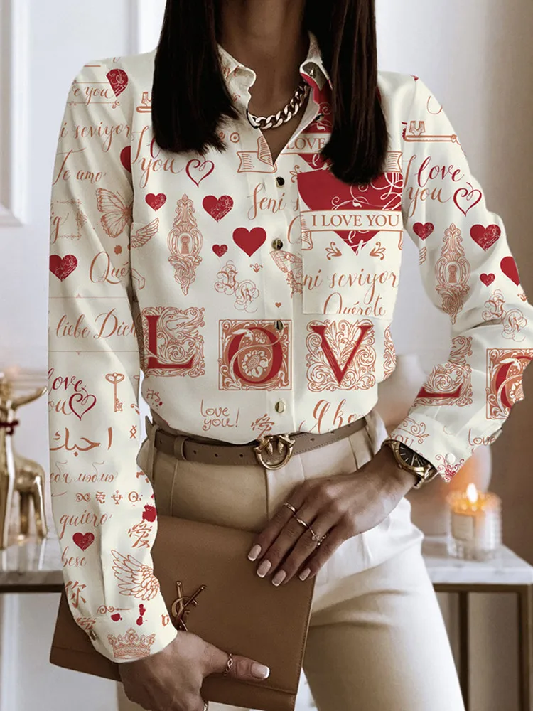 

Letter Print Shirts For Women Pocket Button Long Sleeve Spring Office Slim Casual Tops Blouse Femme