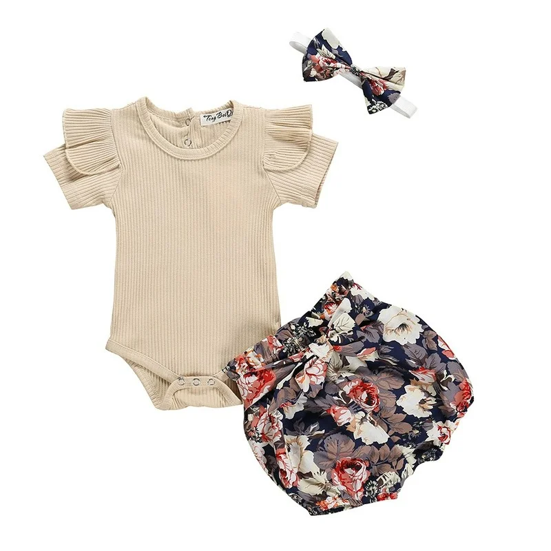 Newborn Baby Girl Clothes Set Summer Solid Color Short Sleeve Romper Flower Shorts Headband 3Pcs Outfit New Born Infant Clothing