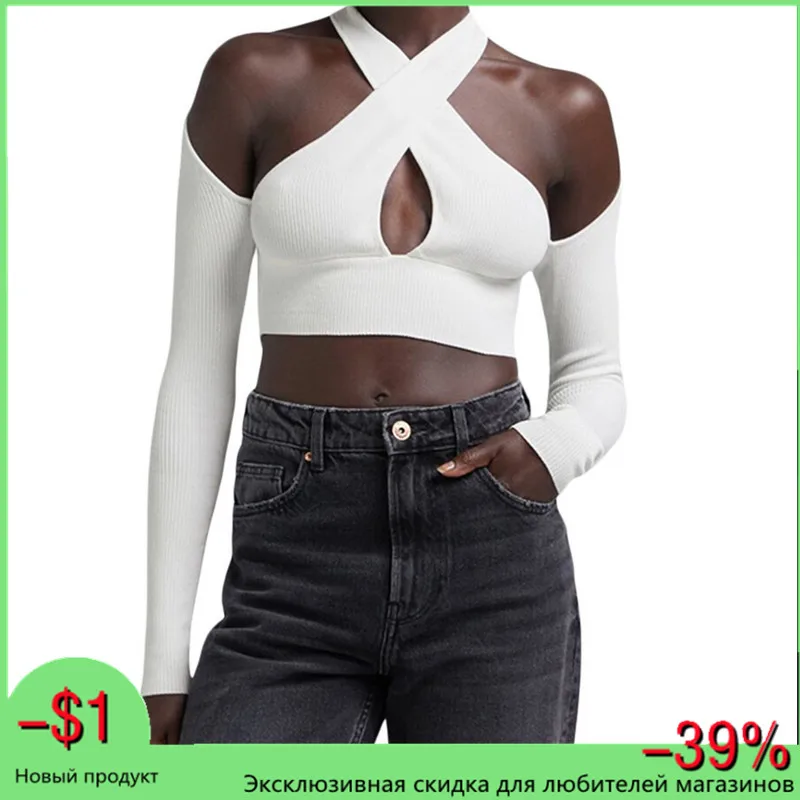 

Women Crop Tops Sexy Bodycon Pullover Clothing 2022 Latest Fashion Solid Color Long Sleeve Halter Neck Hollow Out Tops Club Wear