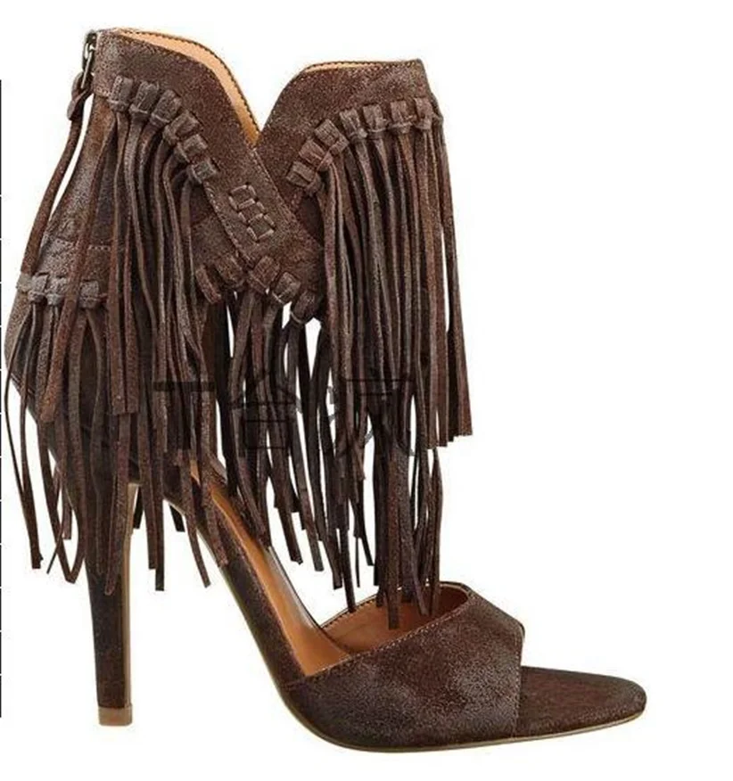 Женские замшевые босоножки, Коричневые босоножки на высоком каблуке с бахромой и открытым носком, размеры 34-42