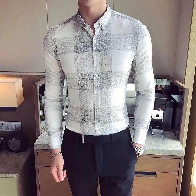Fashion Printed Lapel Button Plaid Shirt Men's Clothing 2022 Autumn New Oversized Loose Casual Tops All-match Korean ShirtS