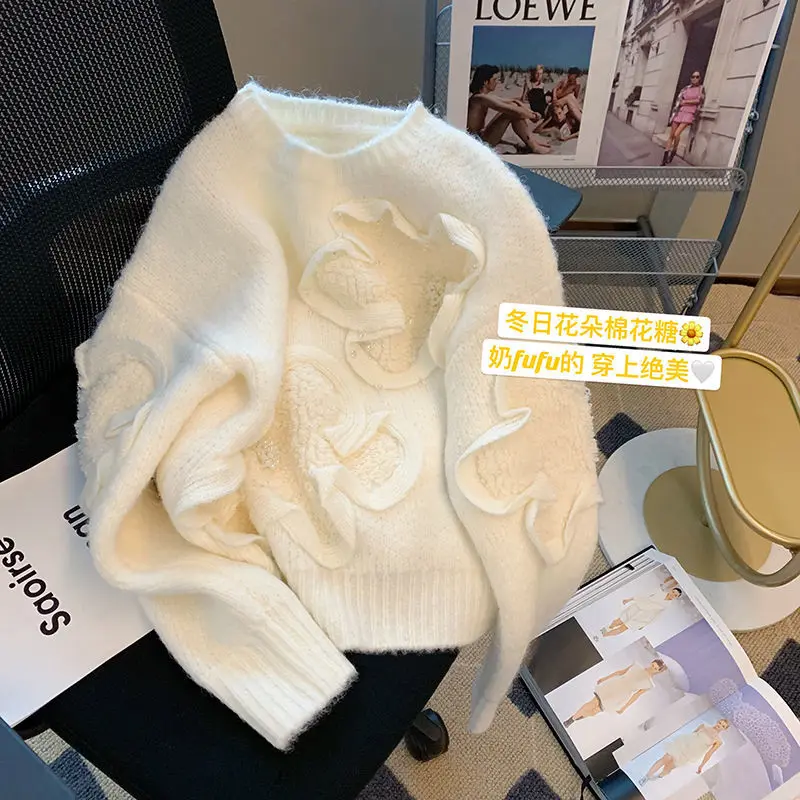 

Белый женский Зимний пуловер, свитер с круглым вырезом, вязаные топы, шерстяной свитер с цветочным принтом, простой стиль