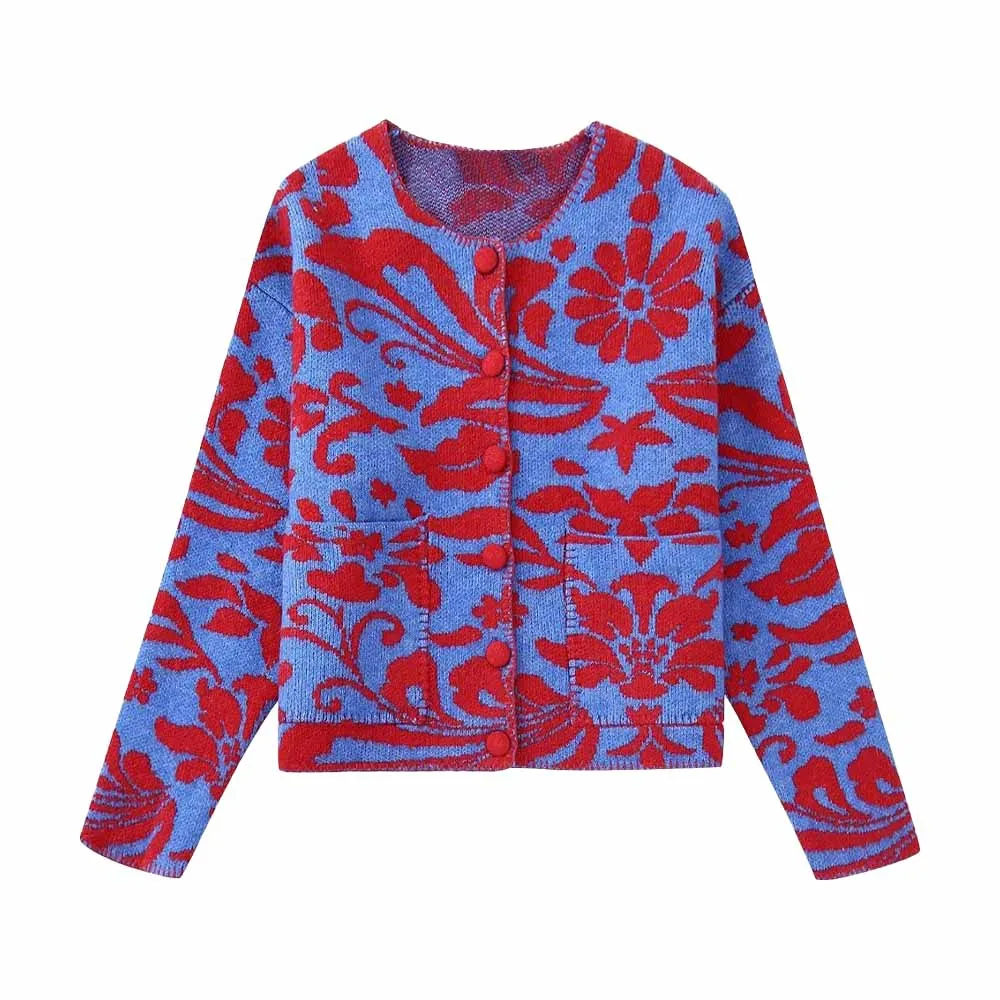 

Женский жаккардовый Кардиган с длинным рукавом, круглым вырезом и пуговицами