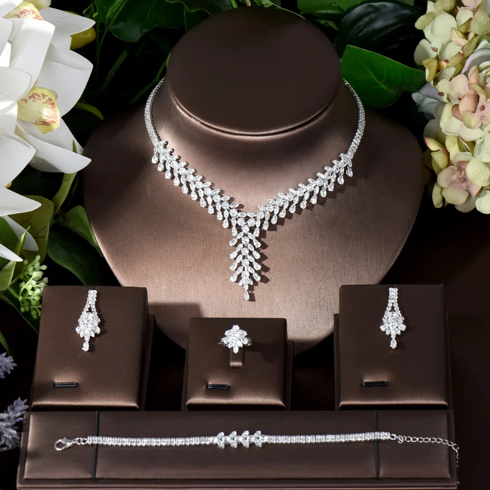 

Fashion Cubic Zirconia Bridal 4PCS Wedding Jewelry Sets For Women White Color Necklace And Earrings Set Bijoux Femme N-467