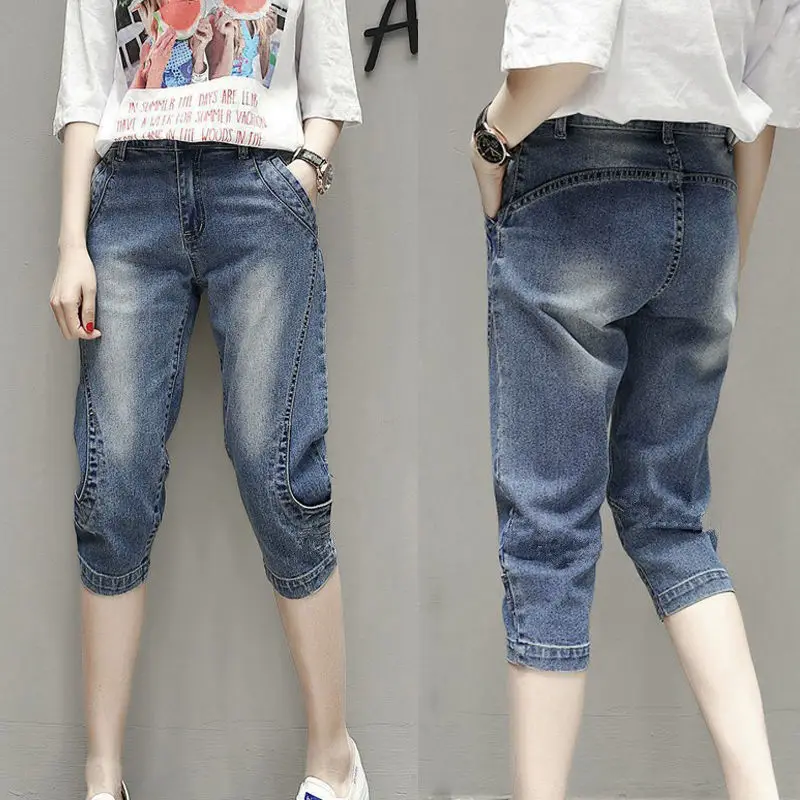 

High Waist Jeans Woman Stretch Summer Denim Pants Trousers Capri Jeans for Women Calf Length Harem Pants Female E51