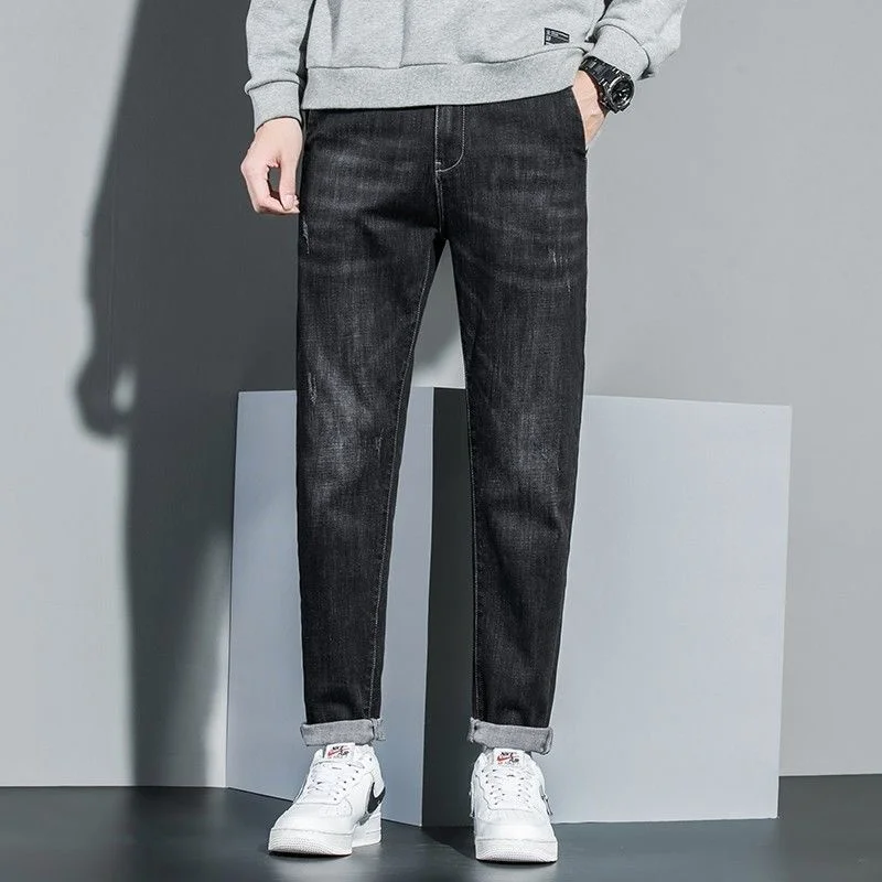 2022 pants men's jeans four seasons slim fit small straight elastic spring new style Fashion Dark blue Zipper loose