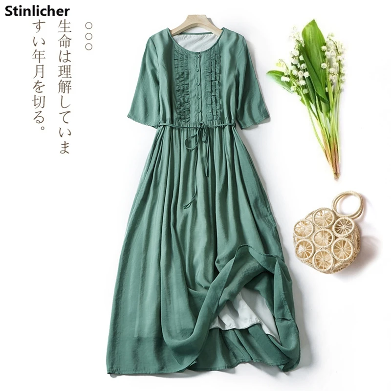 

Ruffled Cotton And Linen Summer Dresses Woman 2022 Female White Loose Casual Long Dress Pocket Lace-Up Maxi Dress Women Robe