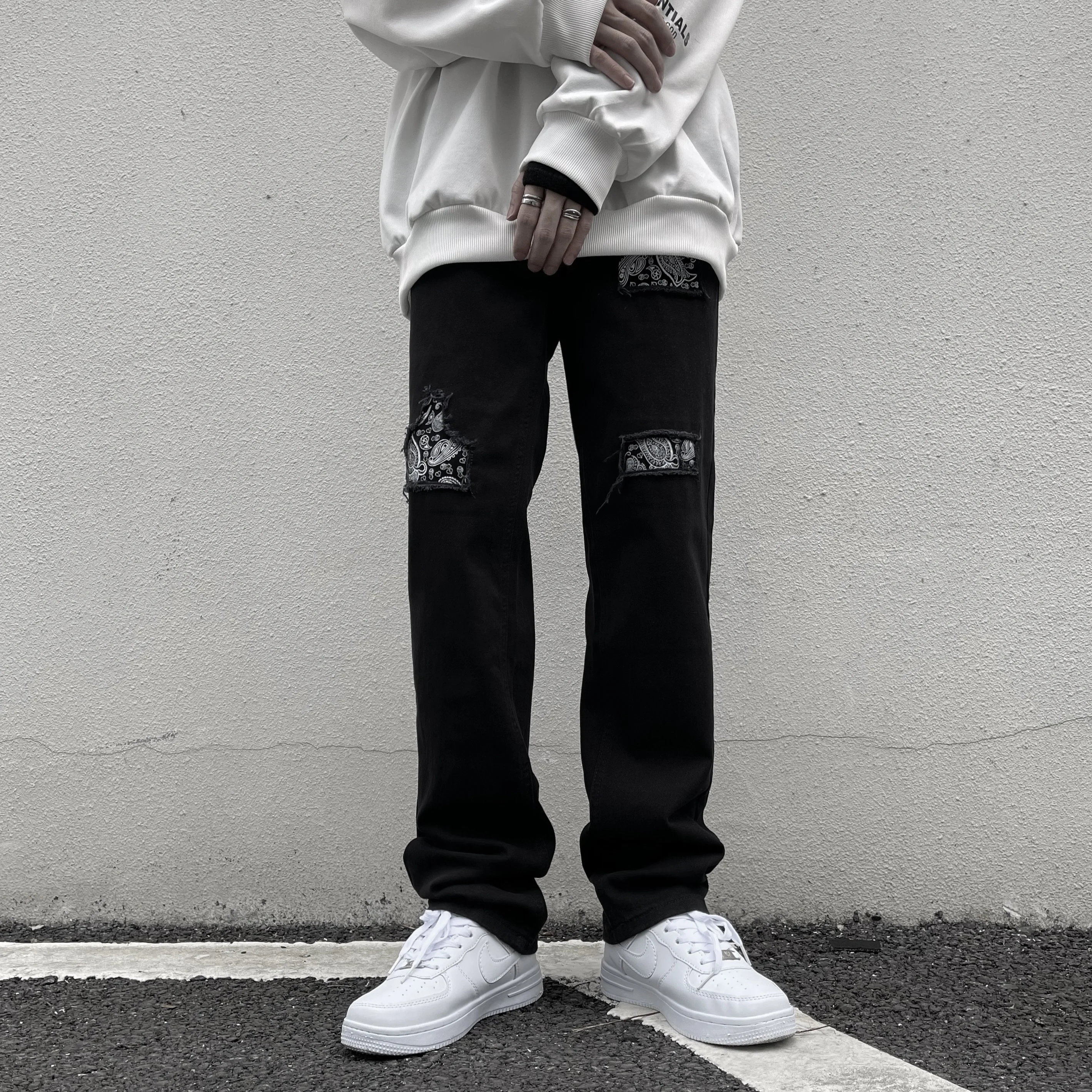 

Мужские рваные прямые мешковатые джинсы с вышивкой, рваные джинсовые высококачественные черные брюки в стиле хип-хоп