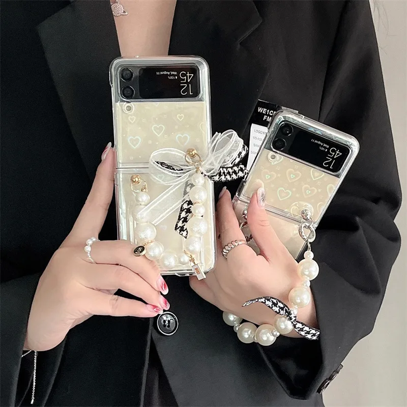 

Fashion Pearls Chains Folding Phone Stand Case for Samsung Galaxy Z Flip 3 Z Flip 4 Hard Back Cover for ZFlip3 ZFlip4 Case Shell