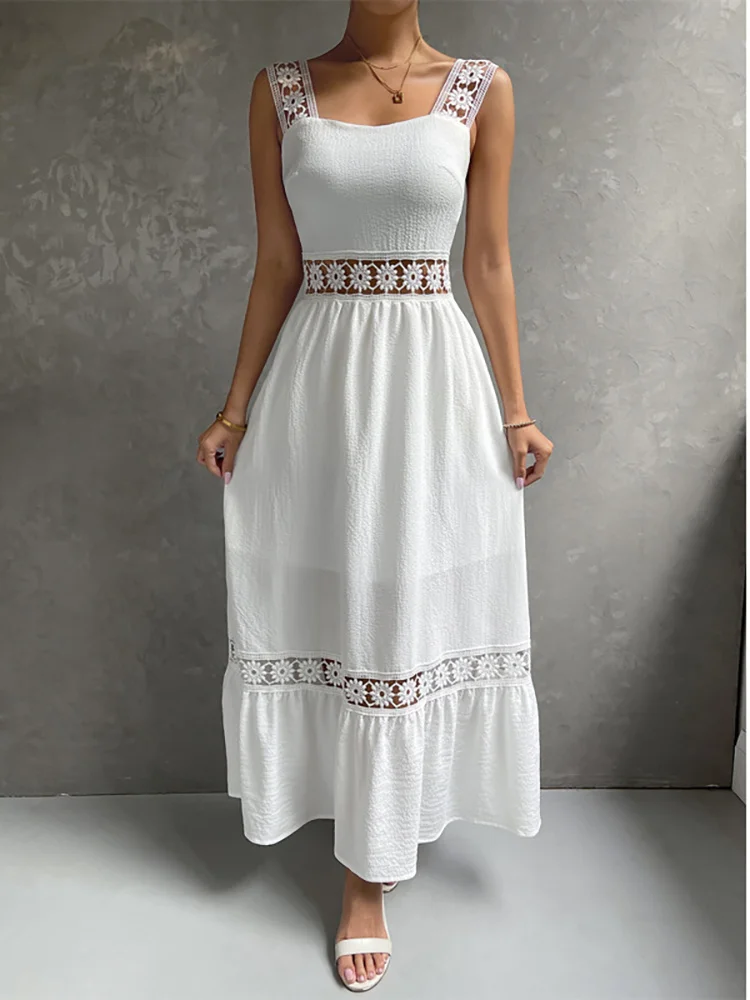 

Boho White Dress Women Sexy Midi Dress Female Hollow Out Elegant Off Shoulder Beach Dress Ladies Fashion Square Collar Dress