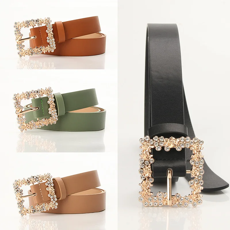 D&T 2022 New Fashion Belt Women Luxury PU Leather Material Square Diamond Pin Buckle Quality Jeans Dress Style Conspicuous Belt