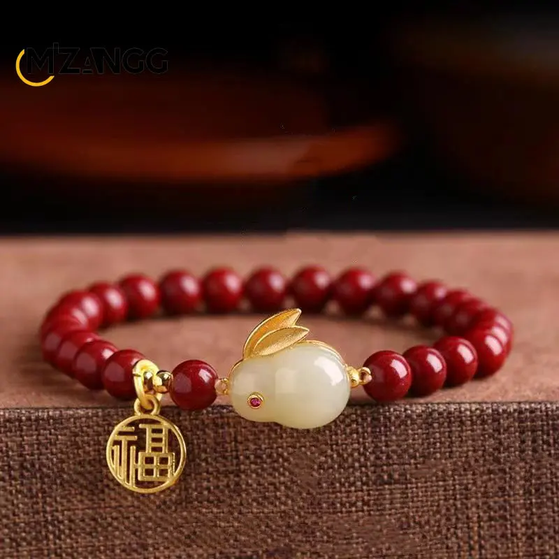 

Natural Red Vermilion Jade Rabbit Bracelet Inlaid with Hetian Jade Rabbit Round 8mm Beads String Fashion Jewelry Lady Mom Gift