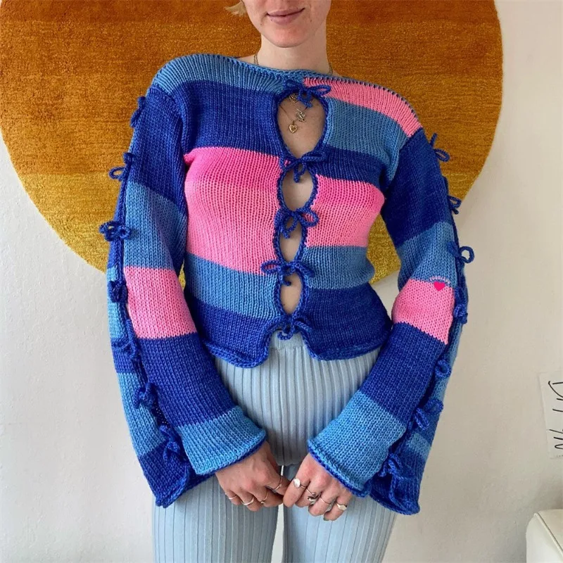 

Вязаный жилет TARUXY, женский свитер, Сексуальные облегающие модные укороченные топы с вырезами, женские джемперы на шнуровке с бантом для осени и зимы