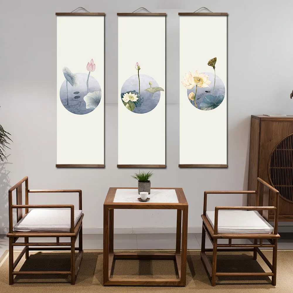 Chinese style lotus canvas scroll painting poster printing living room home decoration painting wall art painting with frame