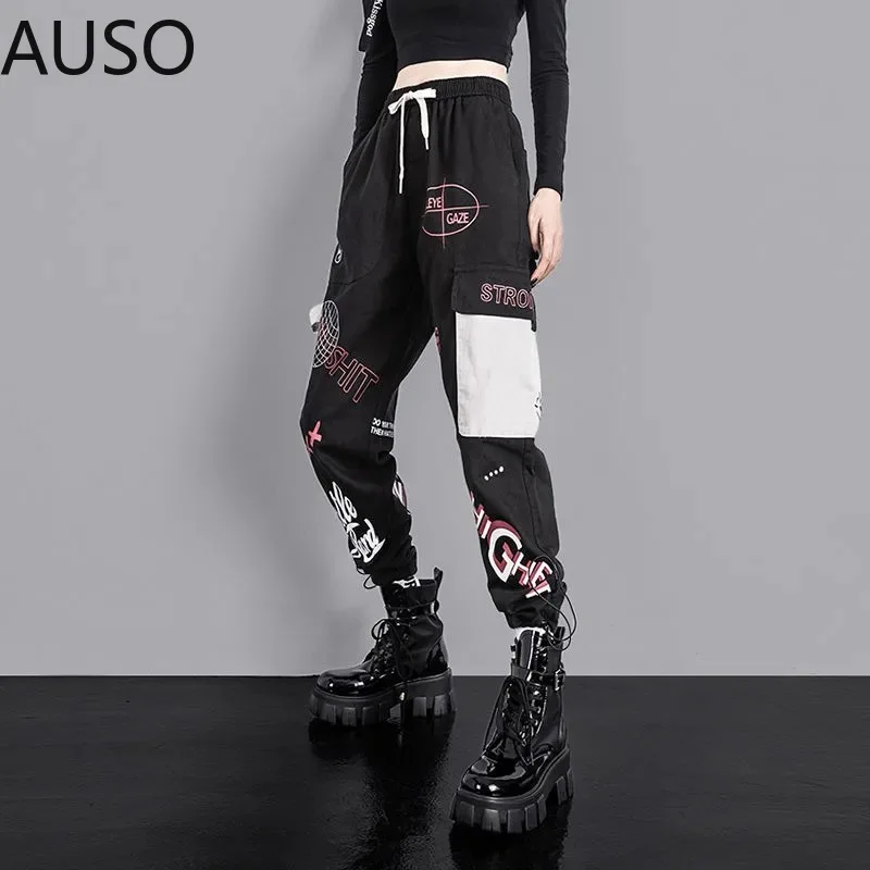 

High Waist Women Loose Cargo Pants high quality Handsome Pattern Print Streetwear Trousers plus size Woman Casual Jogger pant