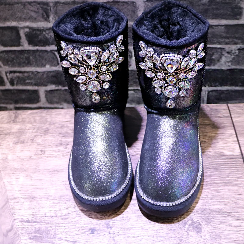 

Handmade custom rhinestone diamond diamond simple solid color mid-tube snow boots women's large size 35-44