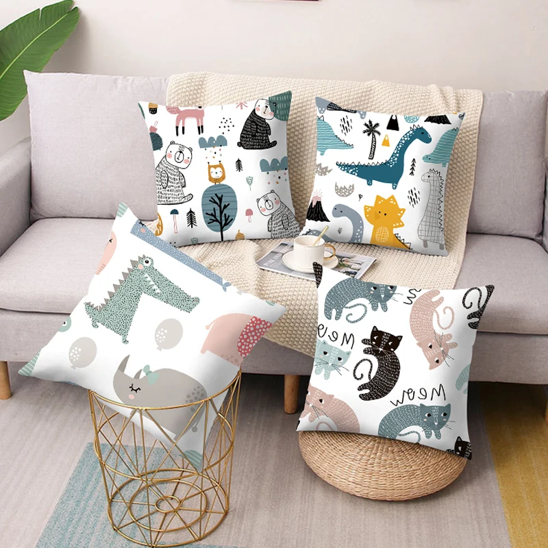 

45X45cm Cute Animal Print Pillowcase Cartoon Printed Cushion Cover Home Decorative Square Peach Skin Velvet Sofa Pillow Cover