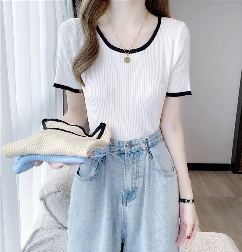 

Low round neck ice silk sweater short sleeve T-shirt women's summer slim fit slim short color contrast design top 3036f, 721-5