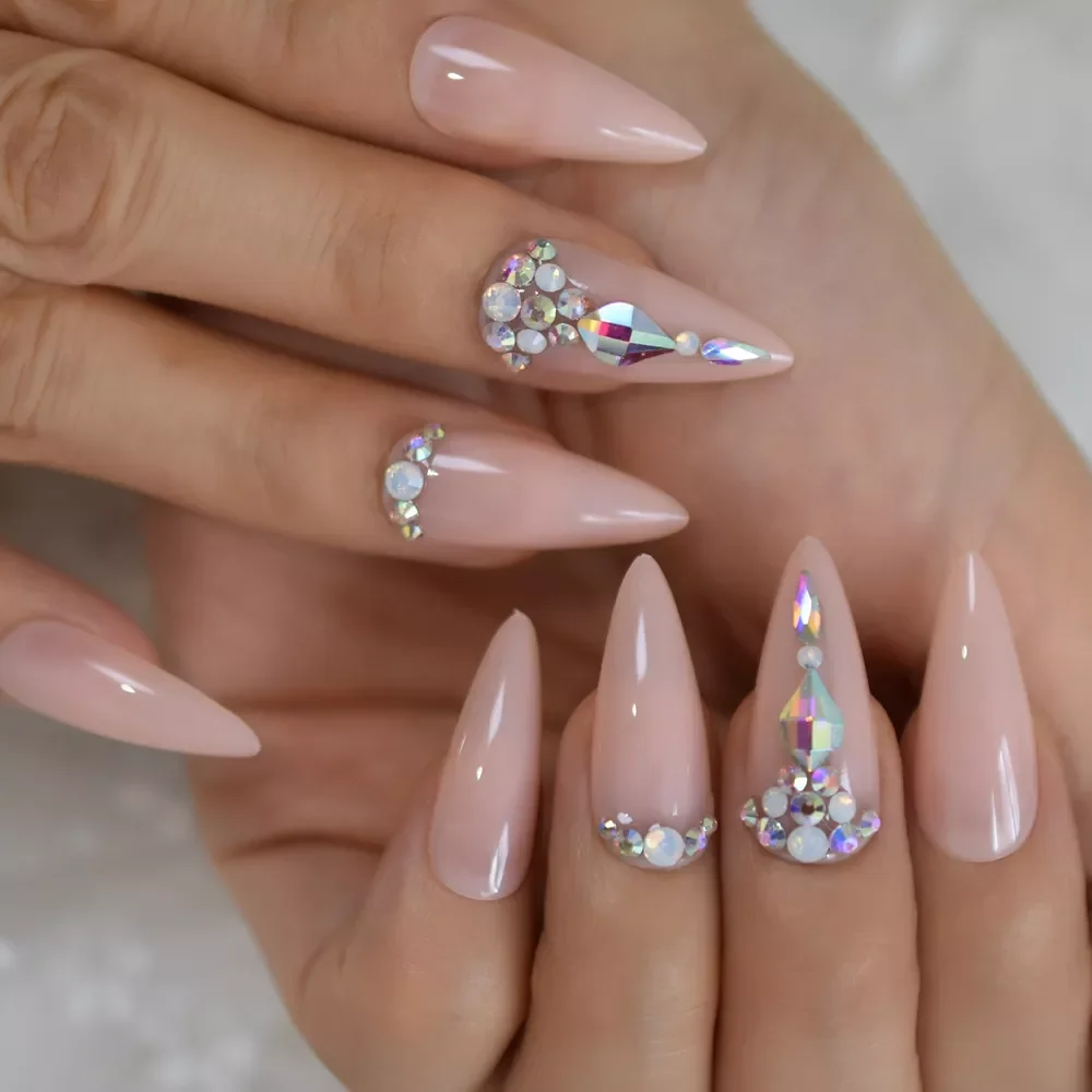 

NEW Nude False Nails ABS Pointed Strass Long Stiletto Acrylic Artificial Nail Tips Rhinestone Designed Manicure Tip 24