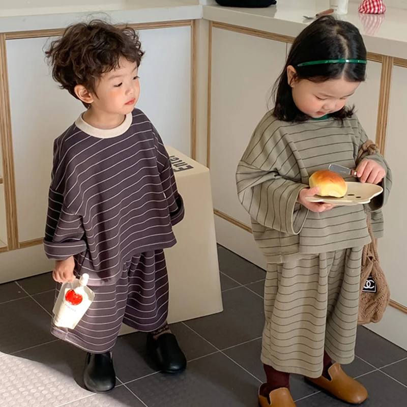 

Spring Children Cotton Kitted Striped Loose Outfits Kids Long Sleeve Oversized Sweatshirt and Wide Leg Pants 2pcs Sets