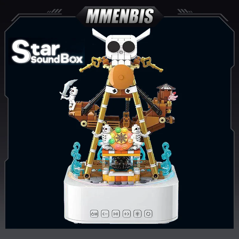 

M MENBIS Pirate Ship Music Box Building Blocks MOC DIY Bricks Model with Light Educational Birthday Gifts Toys for Kids Children