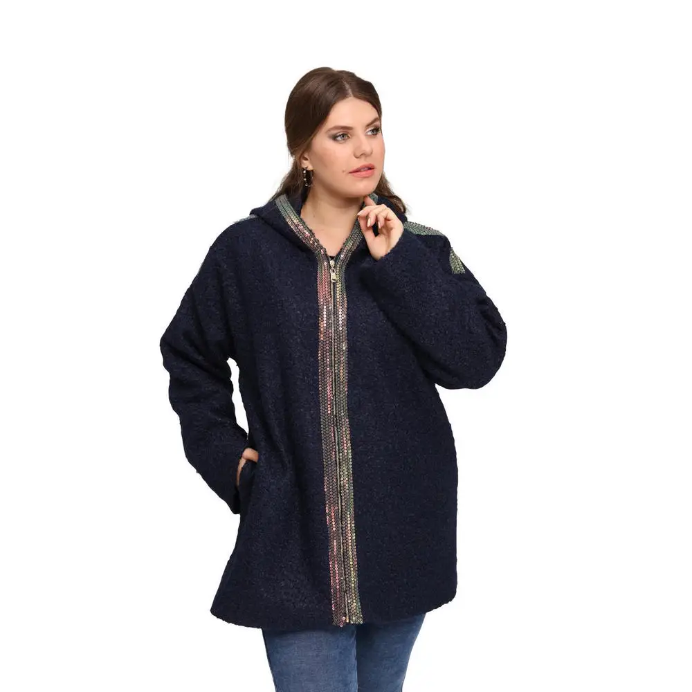 Fierte Women Plus Size Coat Lm46160 Hood Zipper Closure Pocket Sequin Detail Winter Thick Warm Elegant